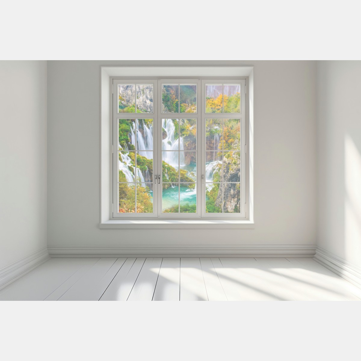 Fensteraufkleber türkisfarbener wasserfall im herbst – Wallnifity® Fensteraufkleber türkisfarbener wasserfall im herbst – Wallnifity®