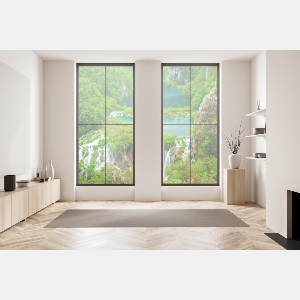 Fensteraufkleber üppiger wasserfall und türkise seen – Wallnifity®