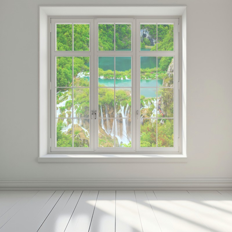 Fensteraufkleber üppiger wasserfall und türkise seen – Wallnifity®