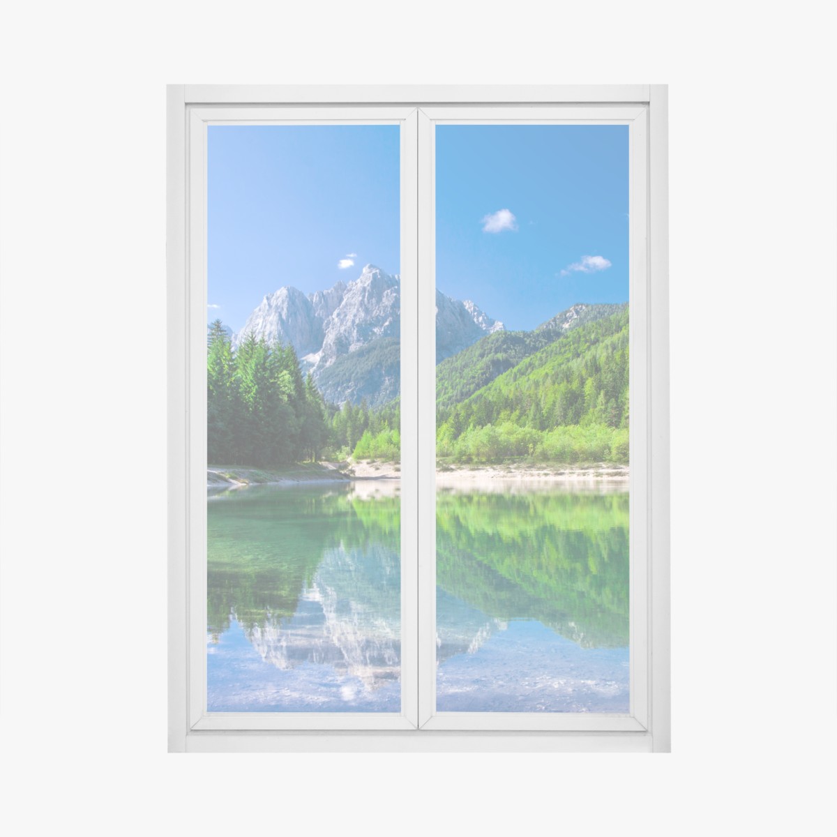 Fensteraufkleber alpiner see mit spiegelung in grünen bergen – Wallnifity®