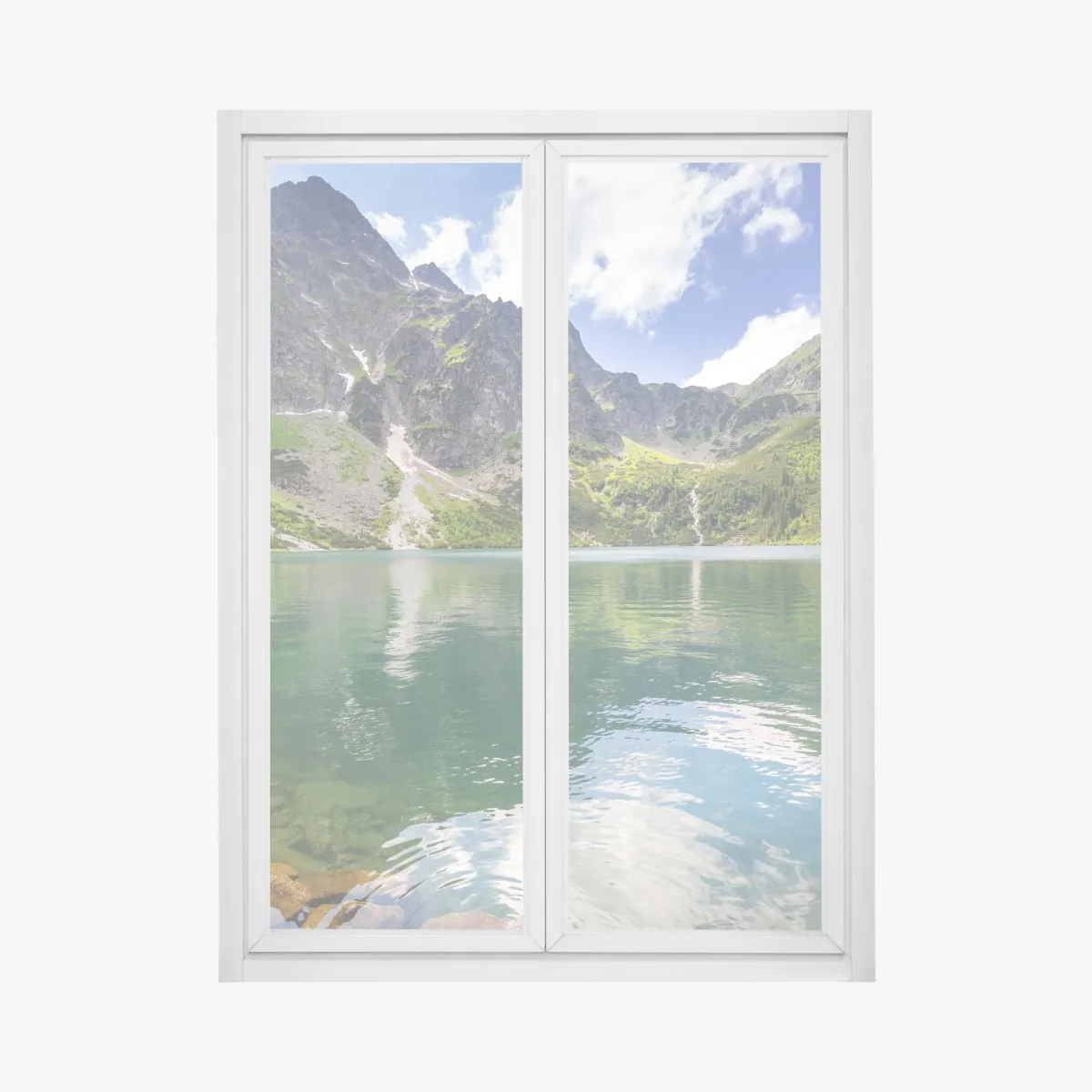 Fensteraufkleber ruhiger smaragdgrüner bergsee vor schroffen gipfeln – Wallnifity®