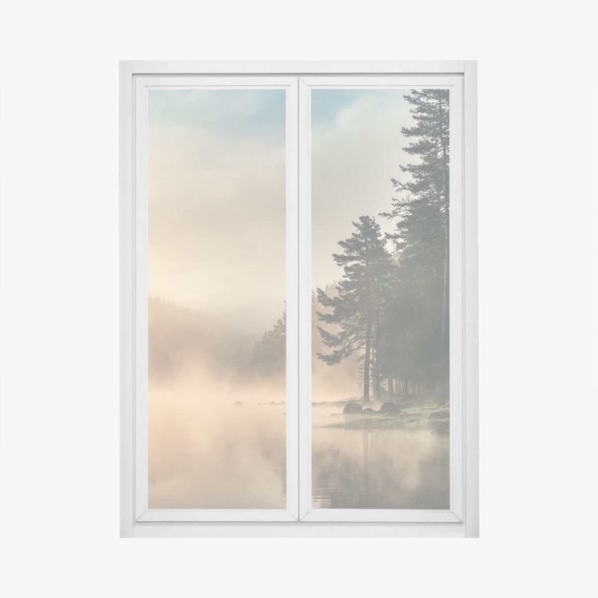 Fensteraufkleber nebliger sonnenaufgang über waldsee – Wallnifity®