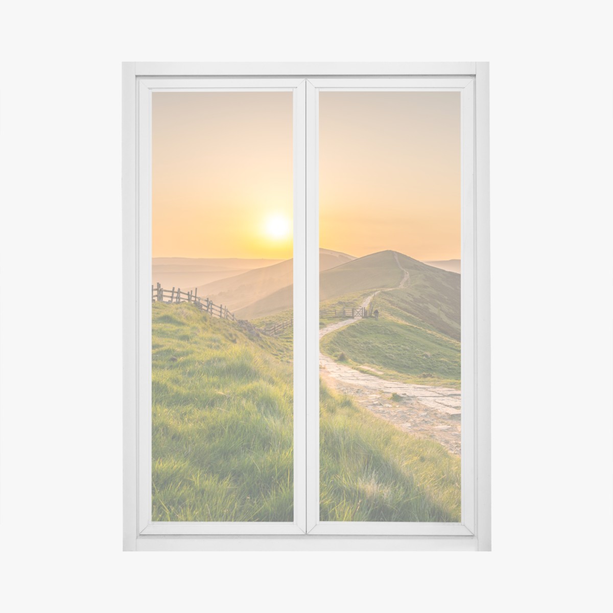 Fensteraufkleber sonnenaufgang über grünen hügeln – Wallnifity®