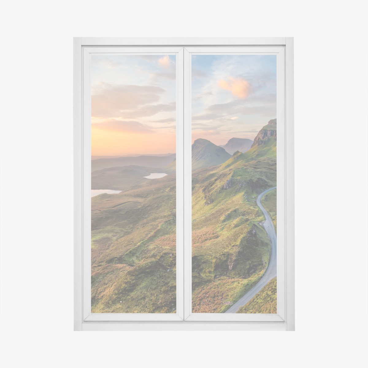 Fensteraufkleber sonnenuntergang über grünen hügeln – Wallnifity®