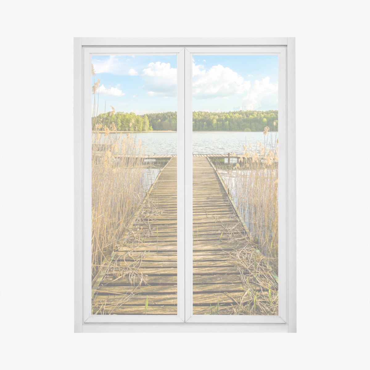 Fensteraufkleber hölzerner steg zum ruhigen see – Wallnifity®