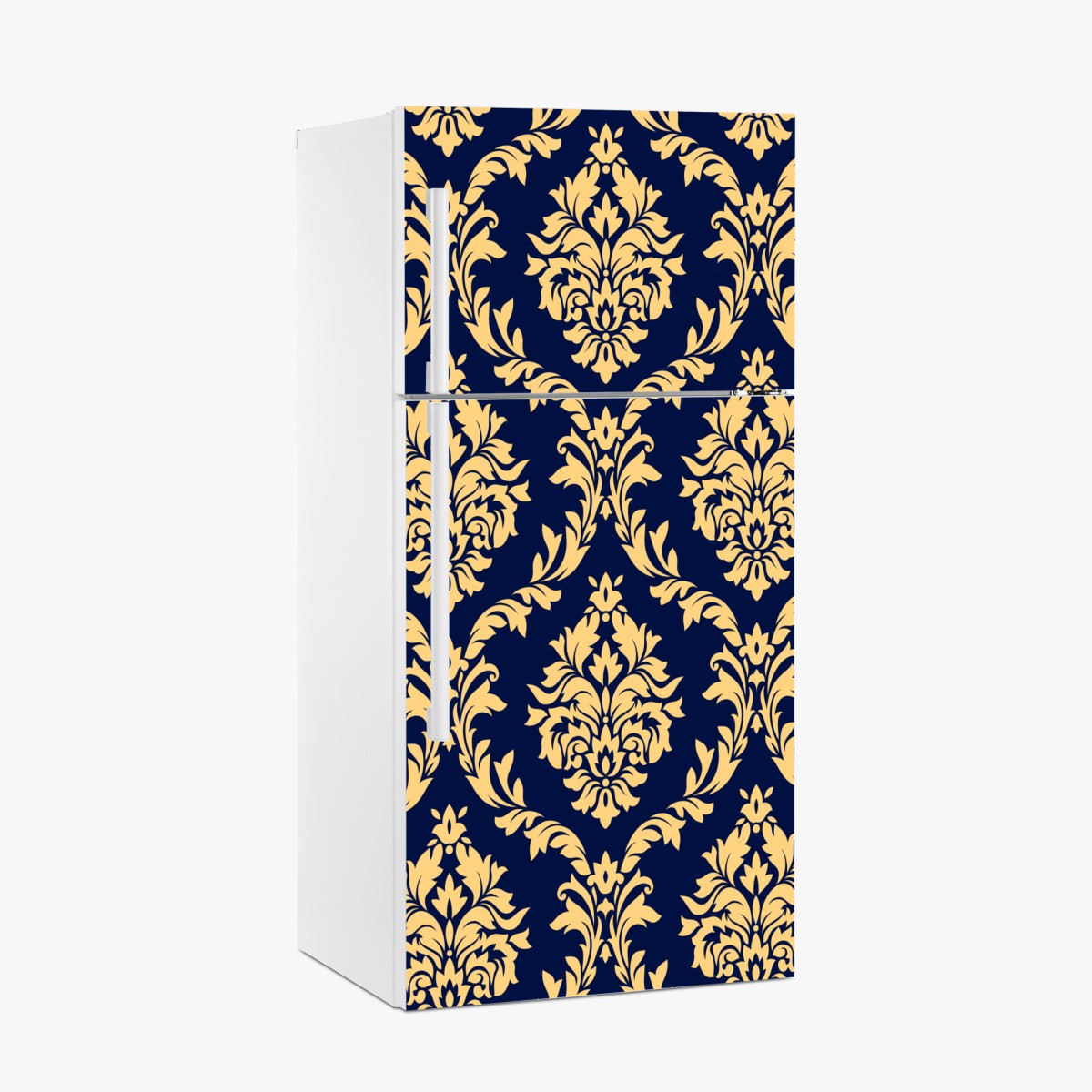 Kühlschrankaufkleber elegantes goldenes damastmuster auf tiefblauem hintergrund – Wallnifity®
