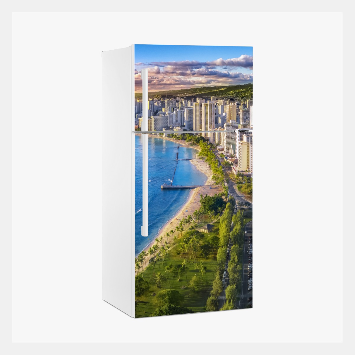 Kühlschrankaufkleber skyline einer küstenstadt bei sonnenuntergang – Wallnifity®