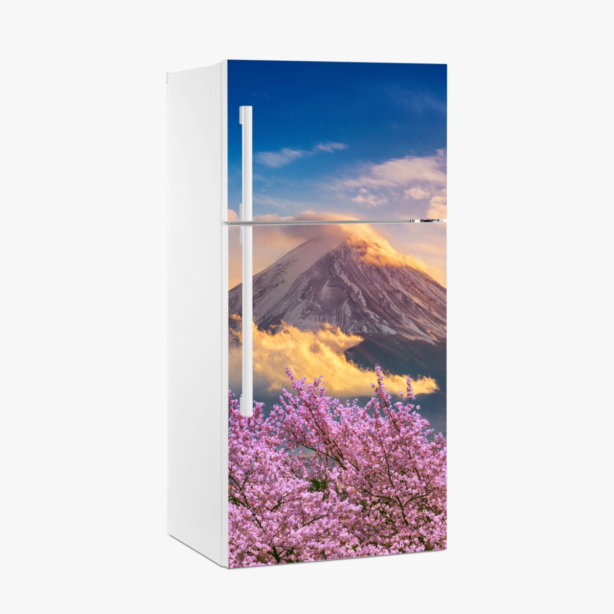 Kühlschrankaufkleber Berg Fuji mit blühenden kirschblüten bei sonnenaufgang – Wallnifity®