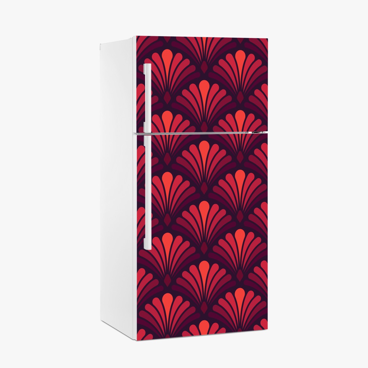 Kühlschrankaufkleber geometrisches art-déco fächermuster in warmen rot- und violetttönen – Wallnifity®