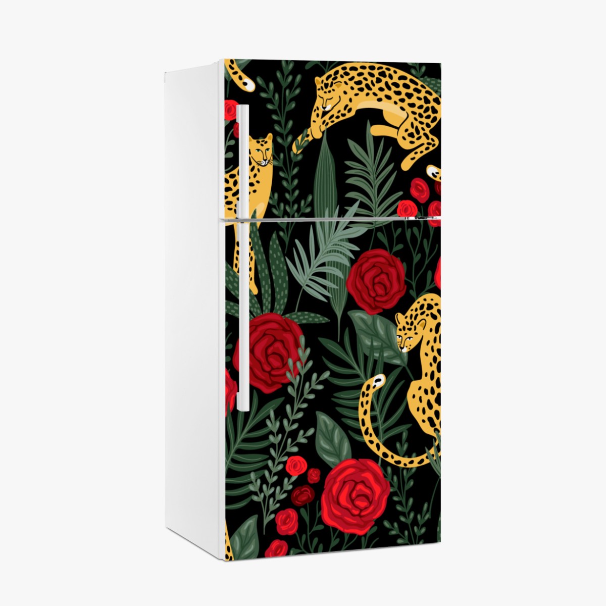 Kühlschrankaufkleber goldene geparden und rote rosen muster – Wallnifity®