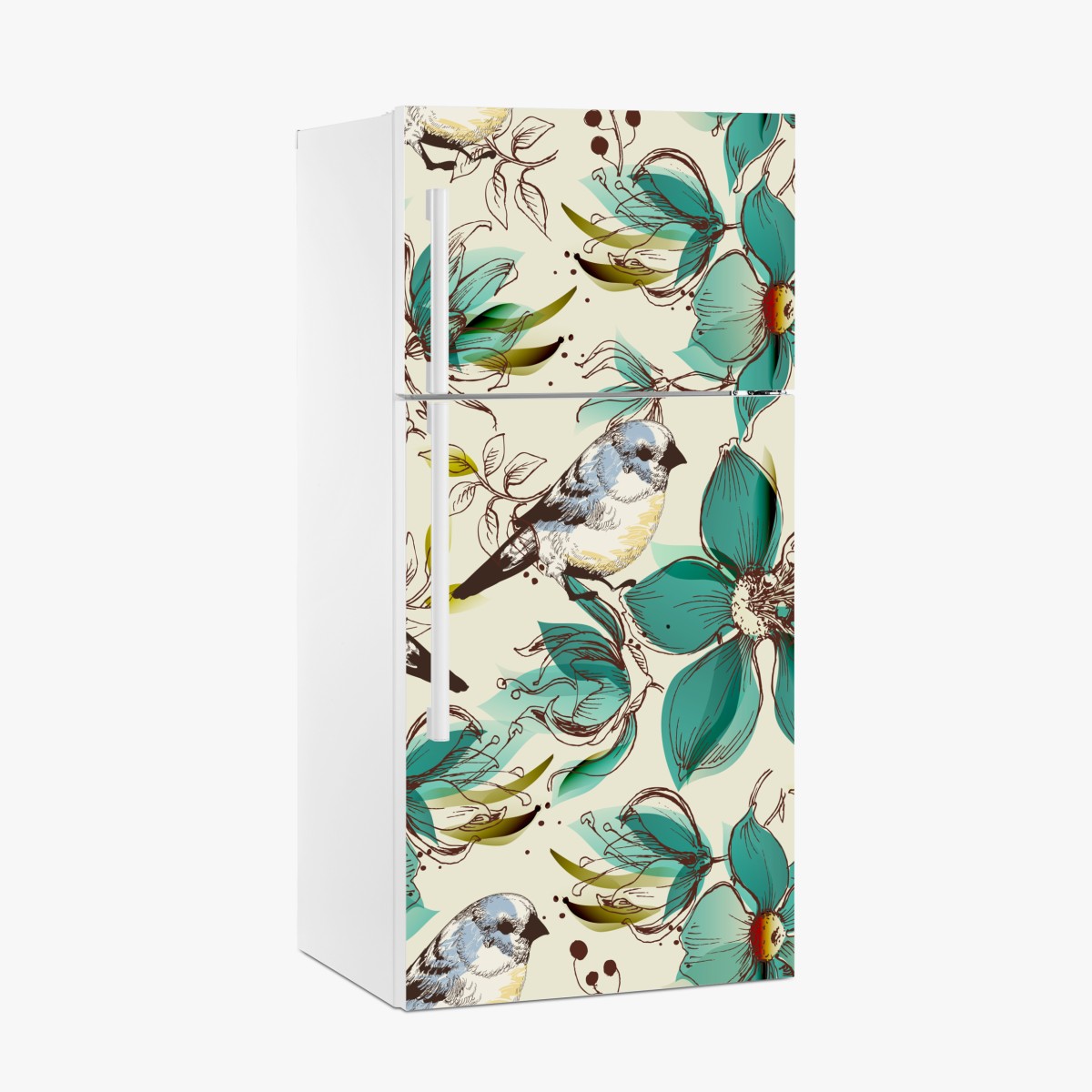 Kühlschrankaufkleber retro türkis blumen- und vogelmuster – Wallnifity®
