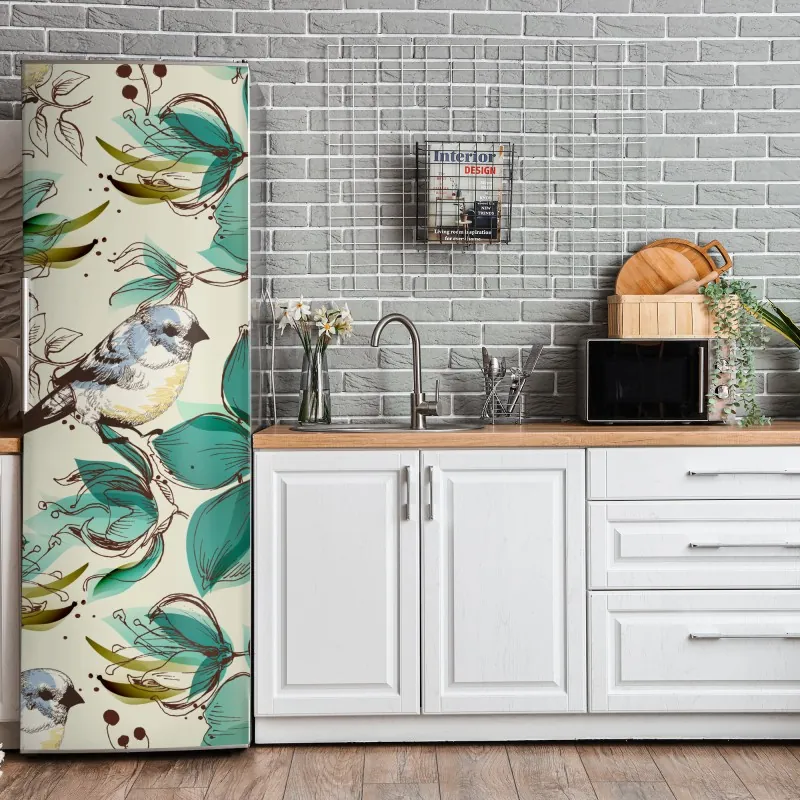 Kühlschrankaufkleber aquarellmuster mit vögeln und rosen – Wallnifity®