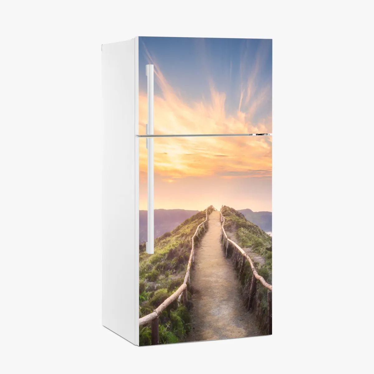 Kühlschrankaufkleber sonnenuntergangspfad auf berggrat über see und tal – Wallnifity®