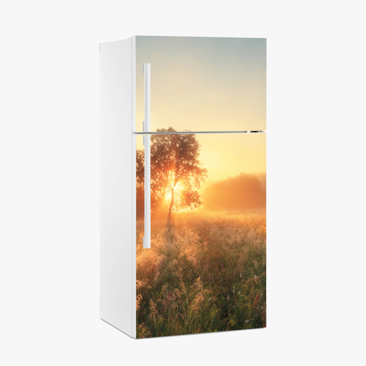 Kühlschrankaufkleber goldener sonnenaufgang über nebliger wiese – Wallnifity®