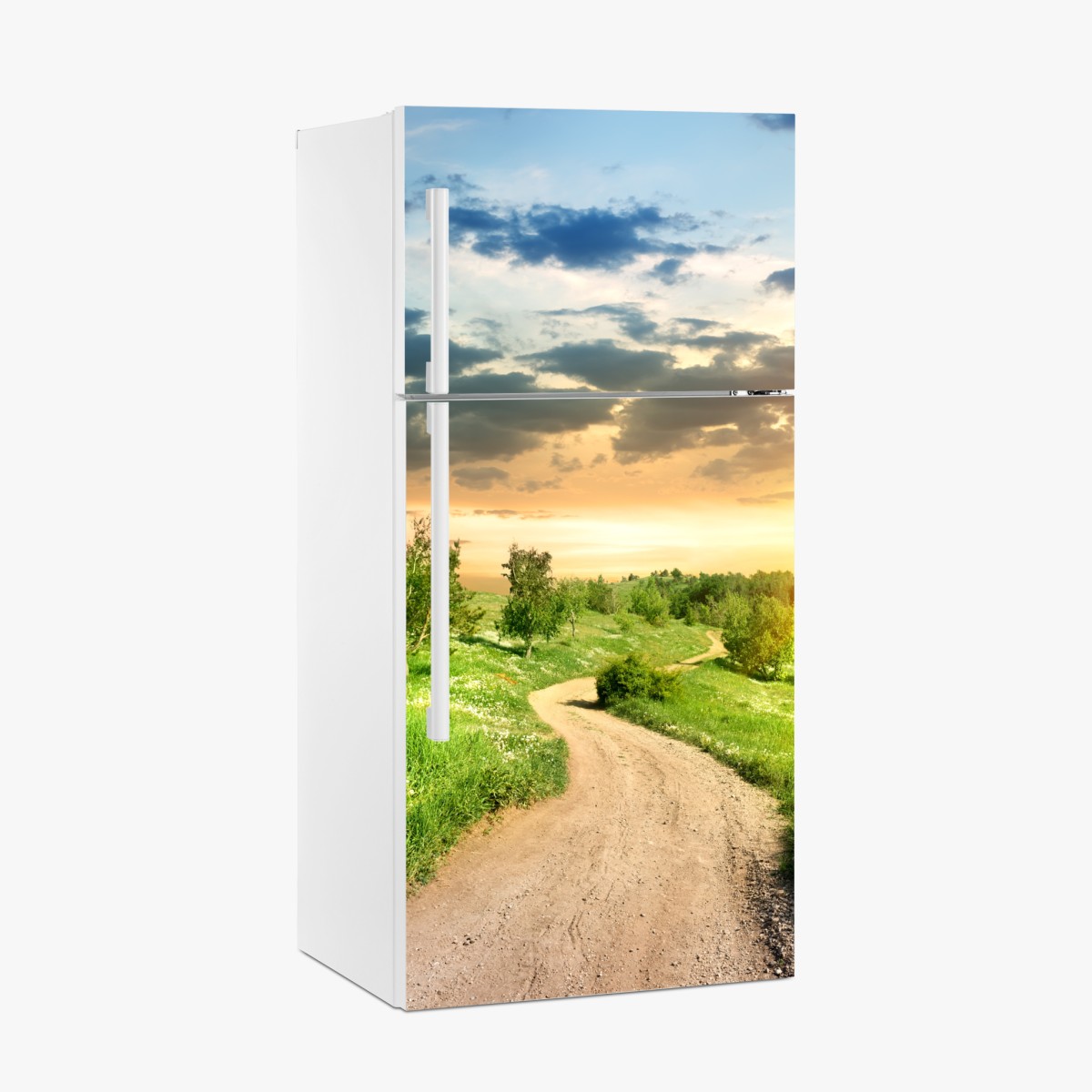 Kühlschrankaufkleber sonnenuntergang über einem feldweg durch grüne wiese – Wallnifity®