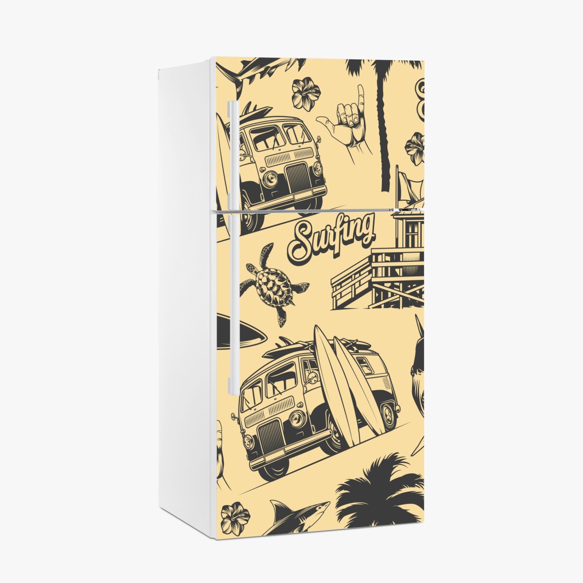 Kühlschrankaufkleber retro surfing muster mit campingbus und wellen – Wallnifity®