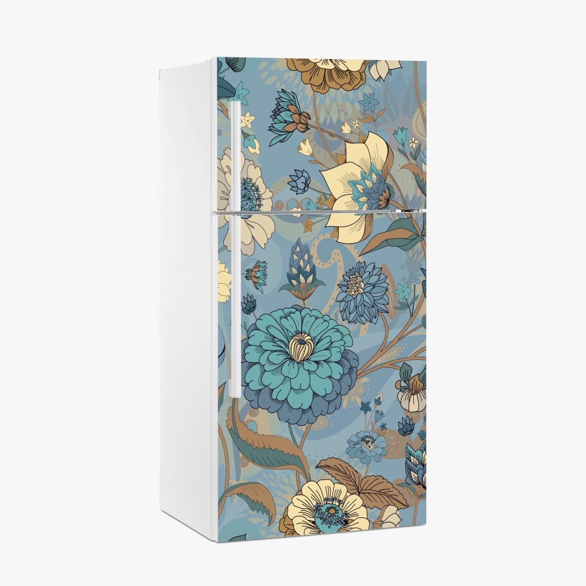 Kühlschrankaufkleber vintage-blumenmuster in gedämpften blau- und beigetönen – Wallnifity®