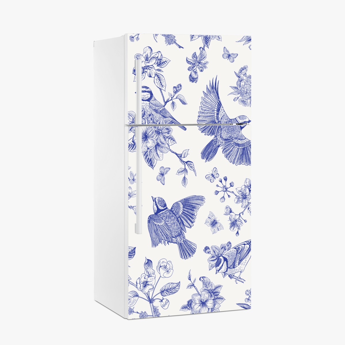Kühlschrankaufkleber blaues muster mit vögeln und blüten im vintage-stil – Wallnifity®