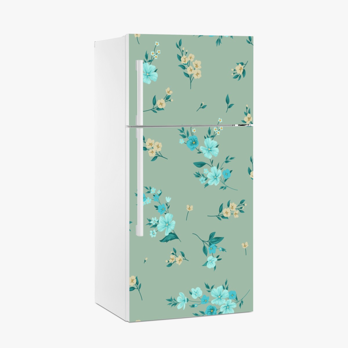 Kühlschrankaufkleber pastell türkis blumenmuster auf salbeigrünem hintergrund – Wallnifity®