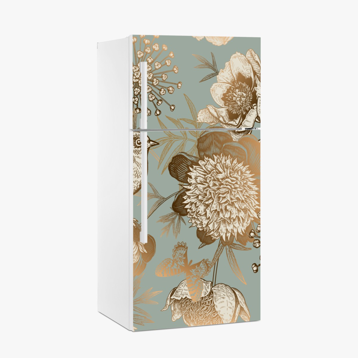 Kühlschrankaufkleber vintage botanisches blumenmotiv mit vogel – Wallnifity®