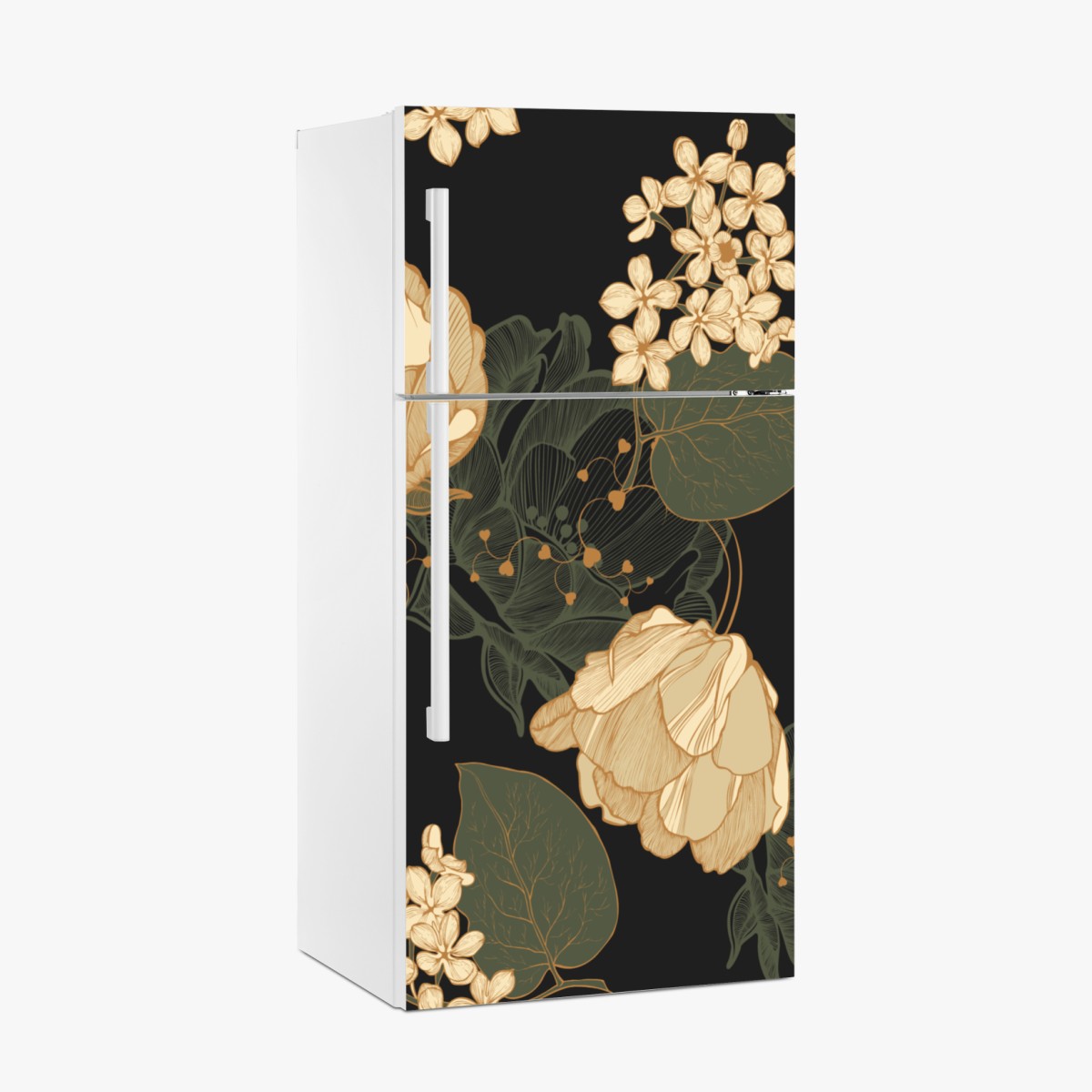 Kühlschrankaufkleber goldene pfingstrosen vor dunklem botanischem hintergrund – Wallnifity®