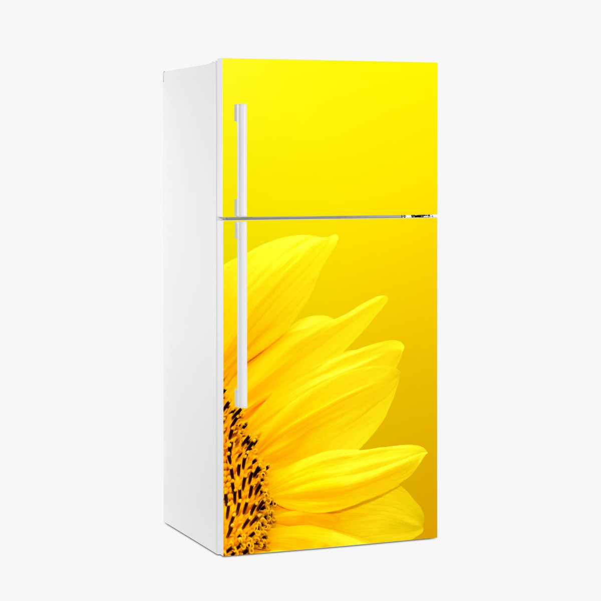 Kühlschrankaufkleber leuchtende sonnenblume nahaufnahme auf gelbem hintergrund – Wallnifity®