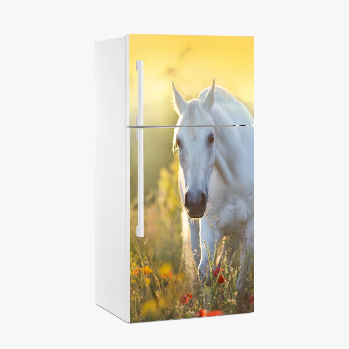 Kühlschrankaufkleber weißes pferd im mohnfeld bei sonnenaufgang – Wallnifity®