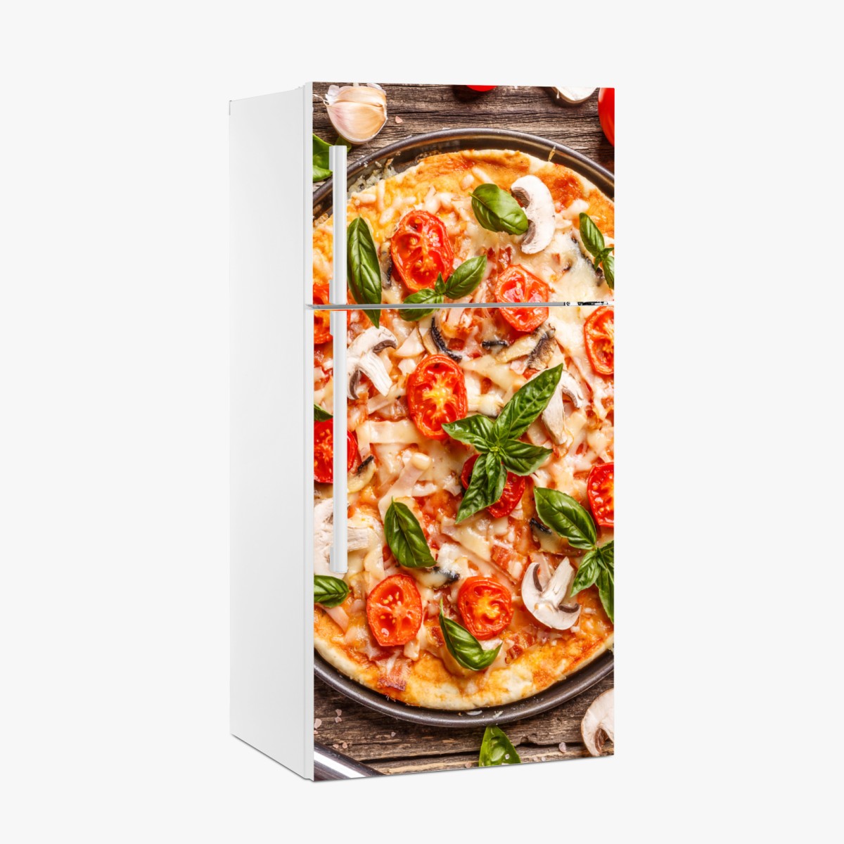 Kühlschrankaufkleber frische pizza mit basilikum und cherrytomaten – Wallnifity®