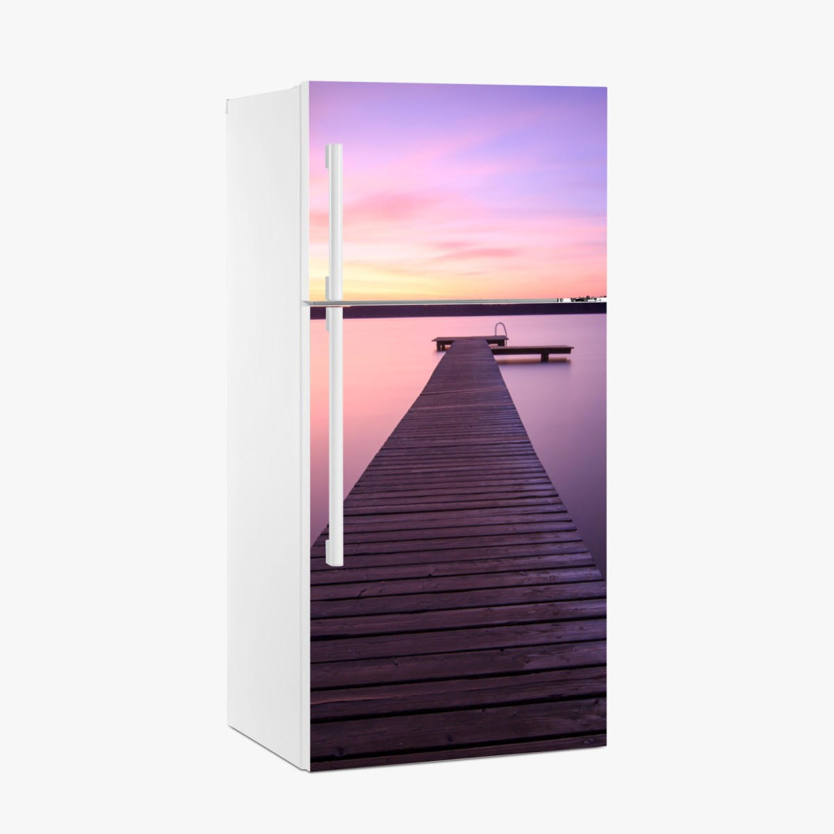 Kühlschrankaufkleber ruhiger pastellsonnenuntergang am see mit steg – Wallnifity®