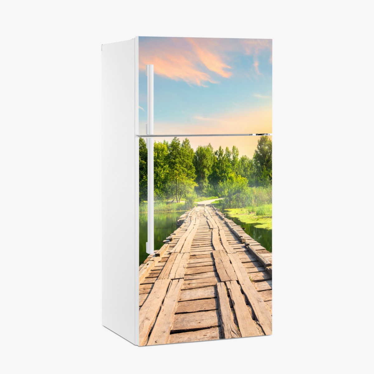 Kühlschrankaufkleber sonnige hölzerne brücke über ruhigen see – Wallnifity®