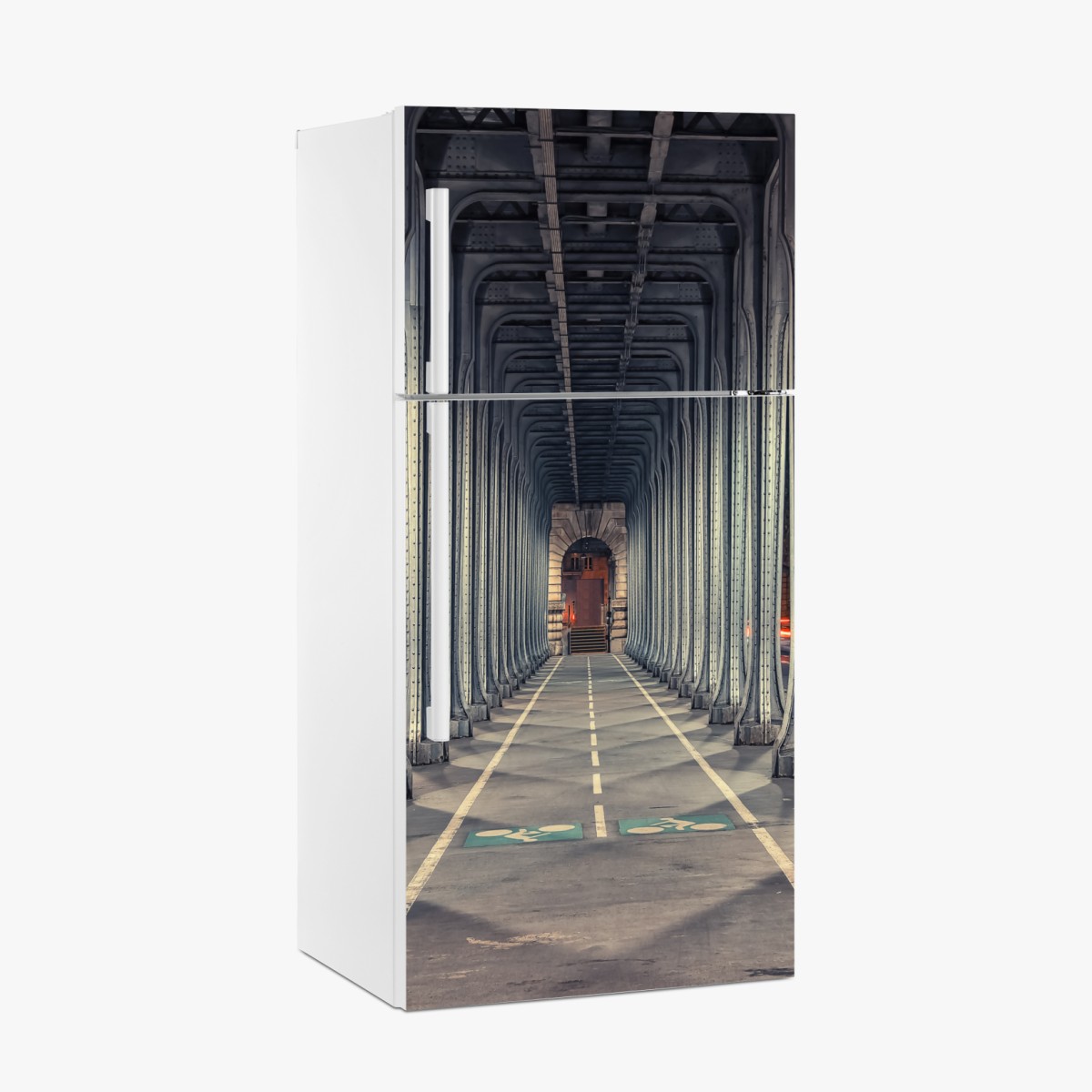 Kühlschrankaufkleber symmetrischer stahlkorridor einer brücke bei nacht – Wallnifity®
