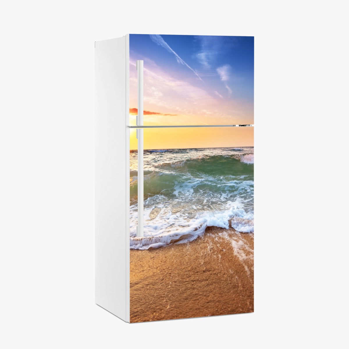 Kühlschrankaufkleber goldener sonnenuntergang am strand mit sanften wellen – Wallnifity®