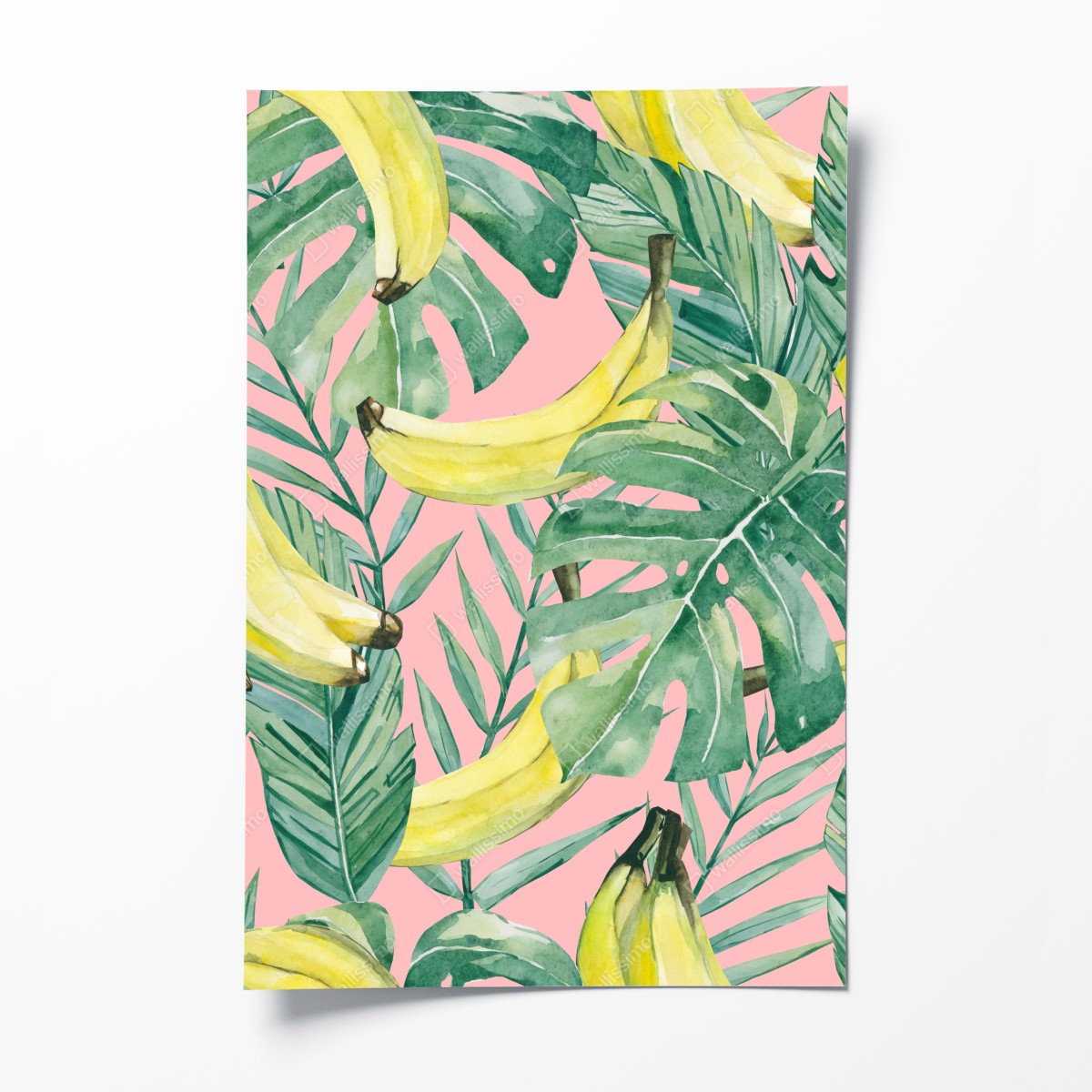 Poster aquarell-bananen und blättermuster auf rosa hintergrund – Wallnifity®