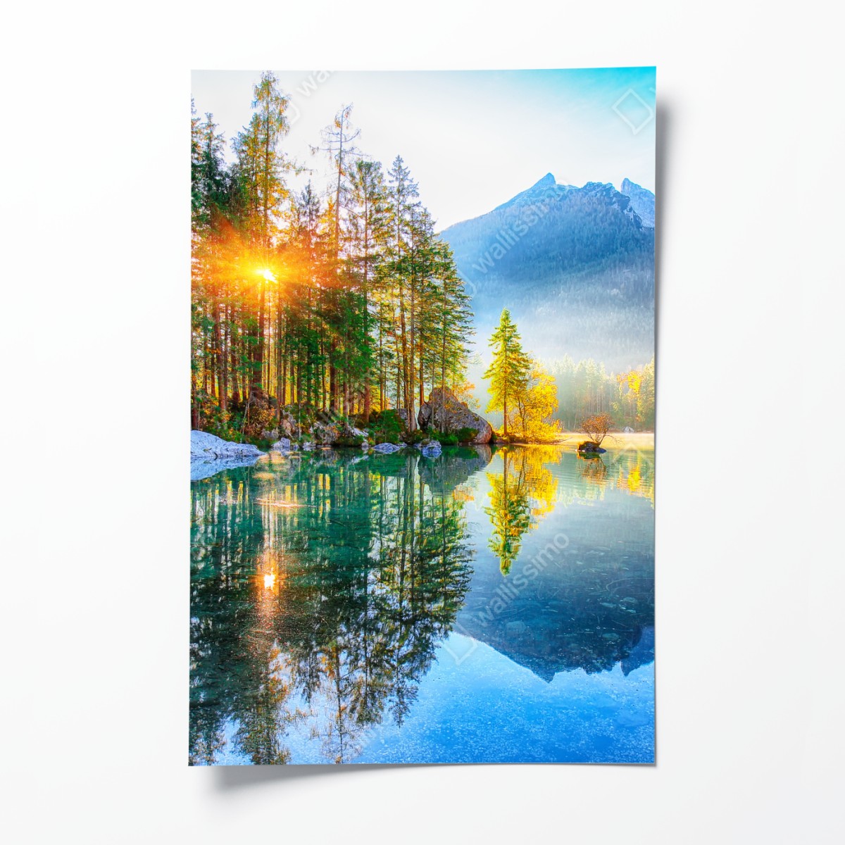 Poster Hintersee herbstlicher sonnenaufgang über dem türkisfarbenen see – Wallnifity®