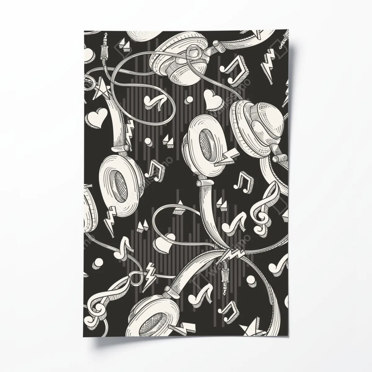 Poster monochromatisches muster mit kopfhörern und noten – Wallnifity®