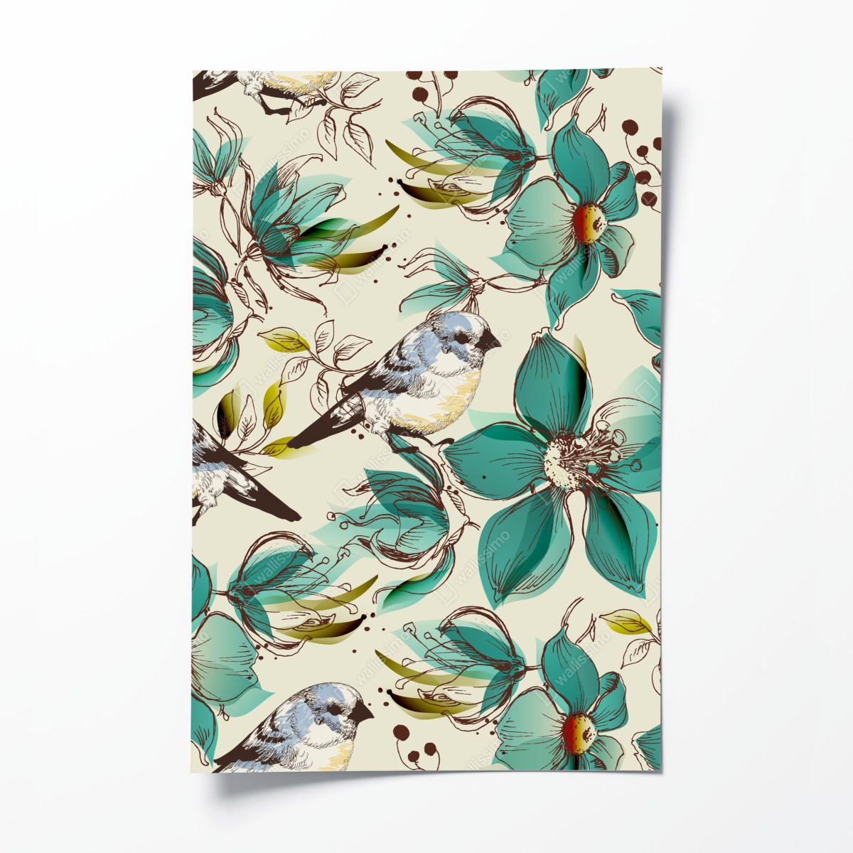 Poster retro türkis blumen- und vogelmuster – Wallnifity®