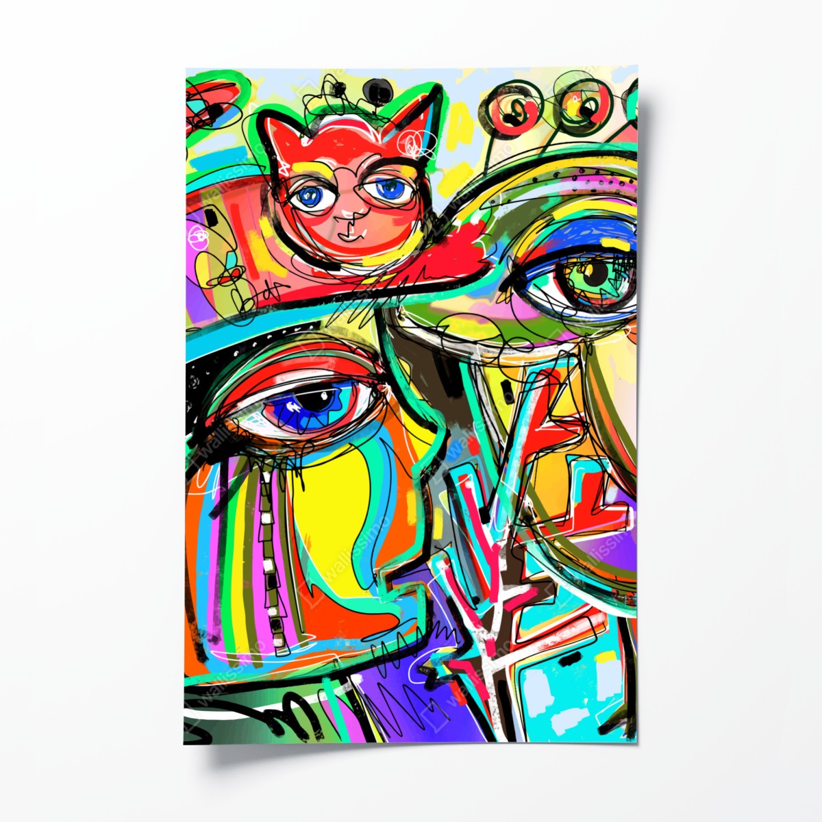 Poster lebendige abstrakte gesichter mit katze und vogel – Wallnifity®