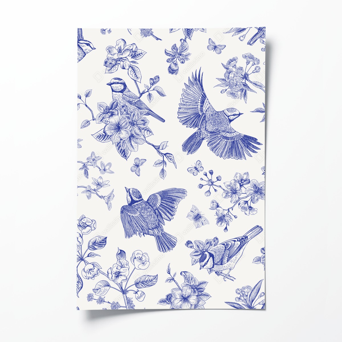 Poster blaues muster mit vögeln und blüten im vintage-stil – Wallnifity®