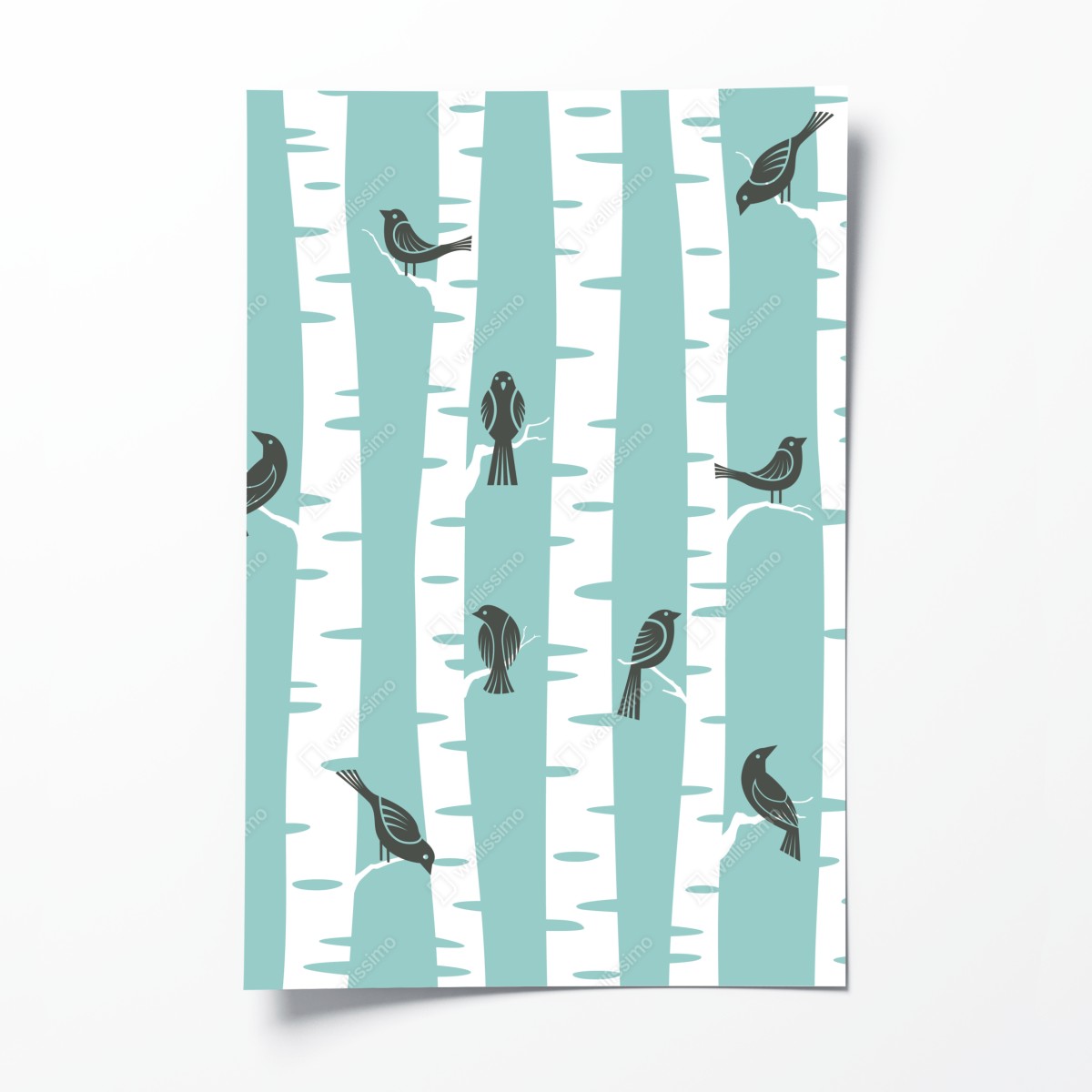 Poster türkis birkenwald mit vögeln – Wallnifity®