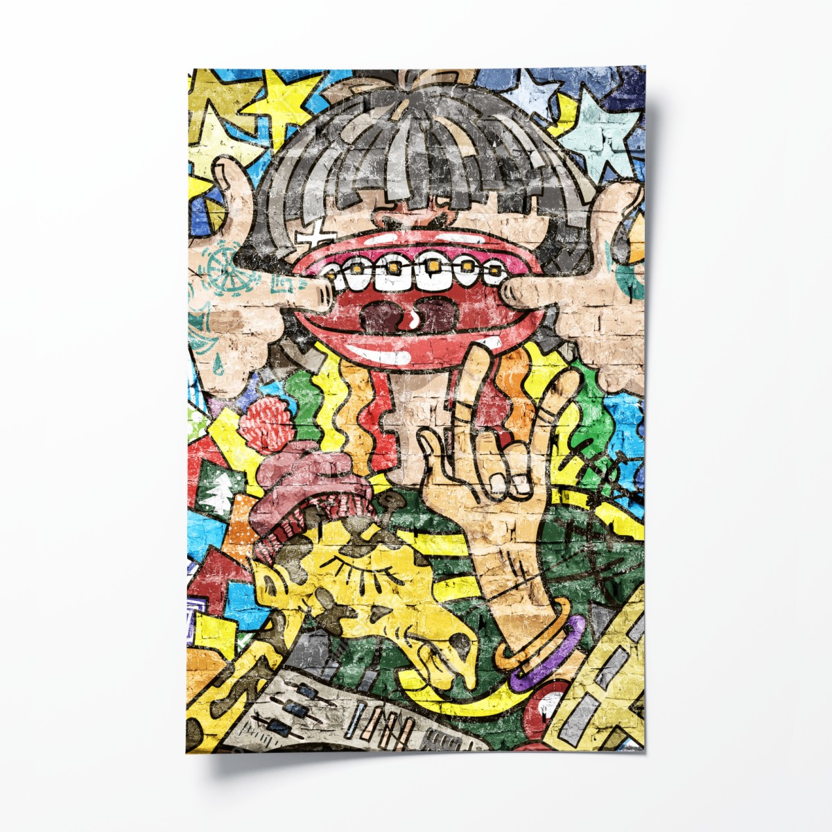 Poster buntes graffiti-mural mit verspielter figur – Wallnifity®
