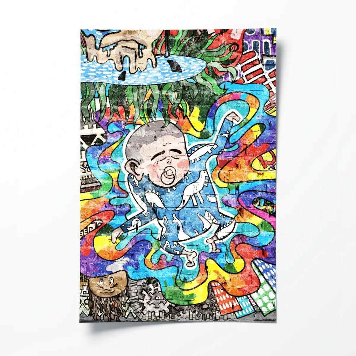 Poster buntes graffiti-mural mit träumendem kind – Wallnifity®