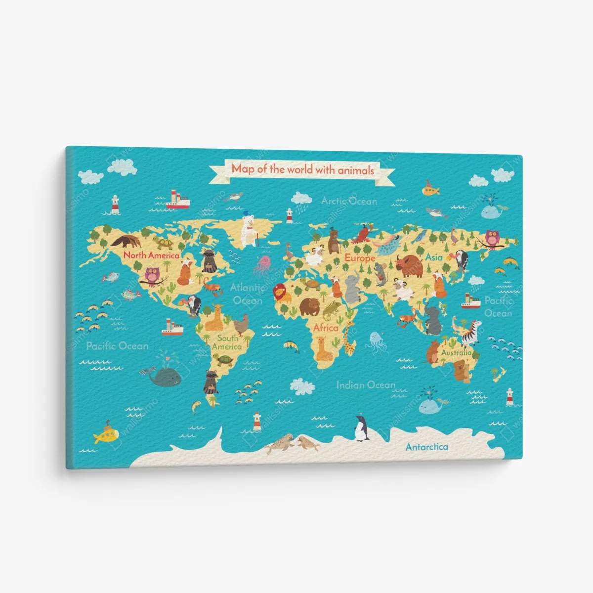Leinwandbild verspielte weltkarte mit tieren – Wallnifity®