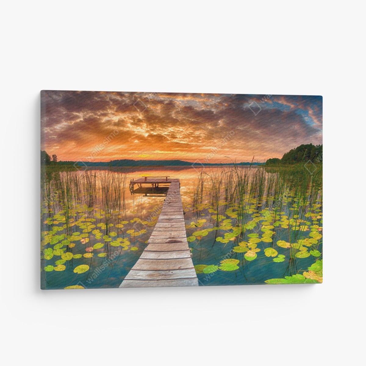 Leinwandbild sonnenaufgang über stillem see mit hölzernem steg – Wallnifity®
