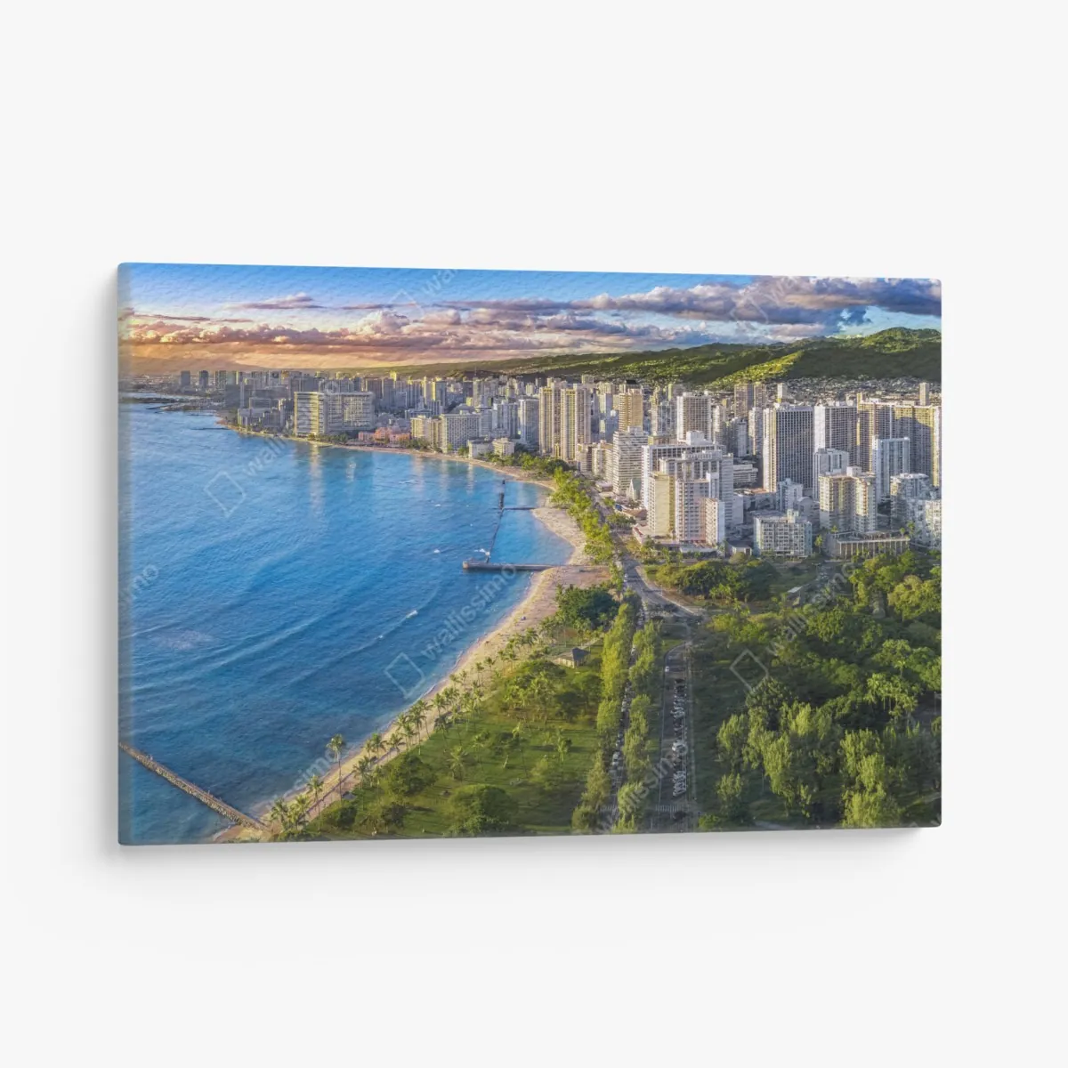 Leinwandbild skyline einer küstenstadt bei sonnenuntergang – Wallnifity®