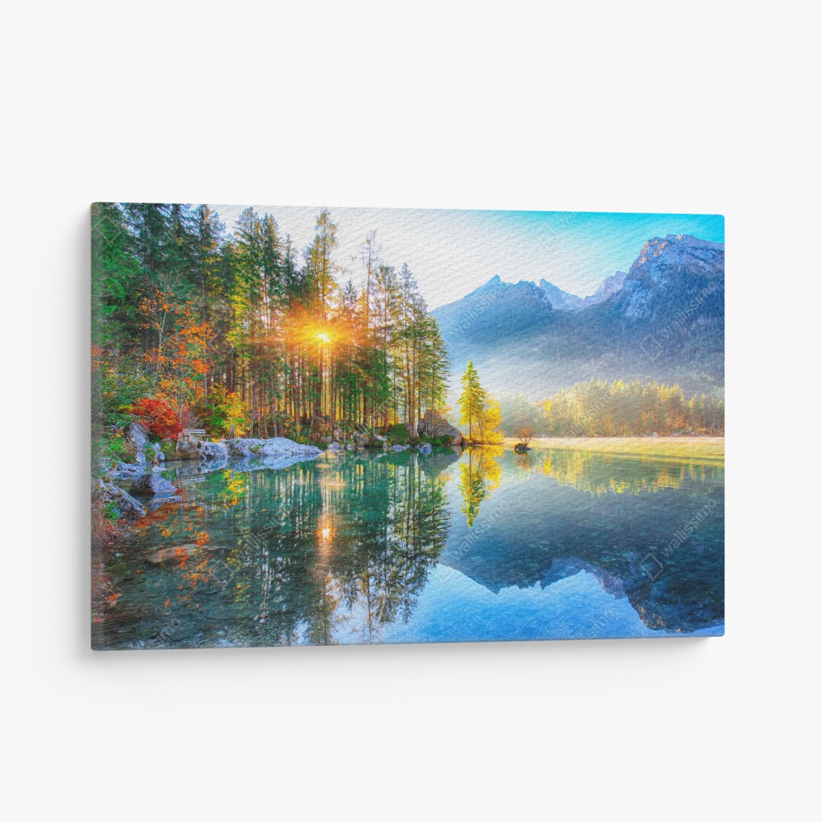 Leinwandbild Hintersee herbstlicher sonnenaufgang über dem türkisfarbenen see – Wallnifity®