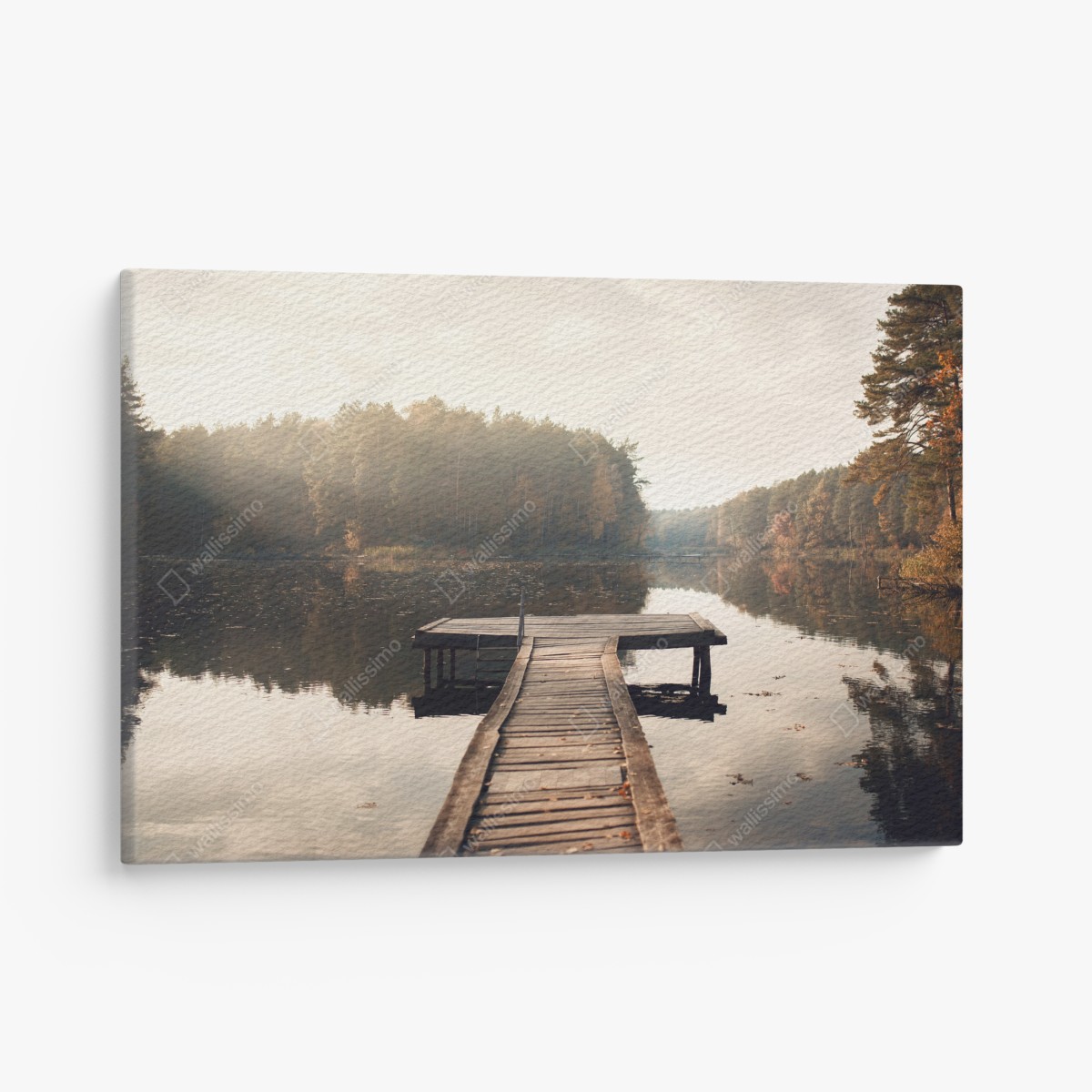 Leinwandbild herbstmorgen am see mit hölzernem steg – Wallnifity®