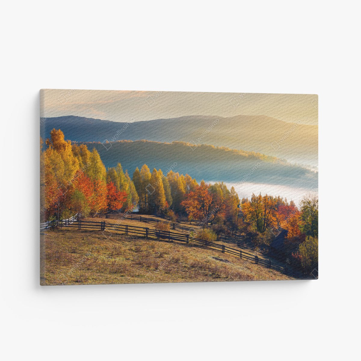 Leinwandbild nebliger herbstlicher sonnenaufgang auf dem land – Wallnifity®