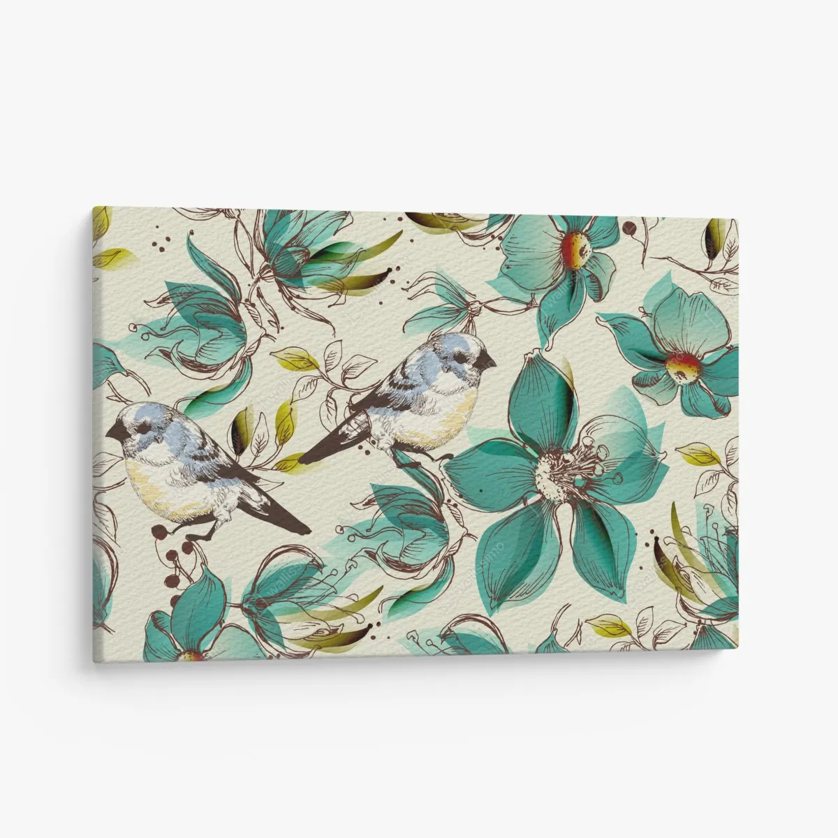 Leinwandbild retro türkis blumen- und vogelmuster – Wallnifity®