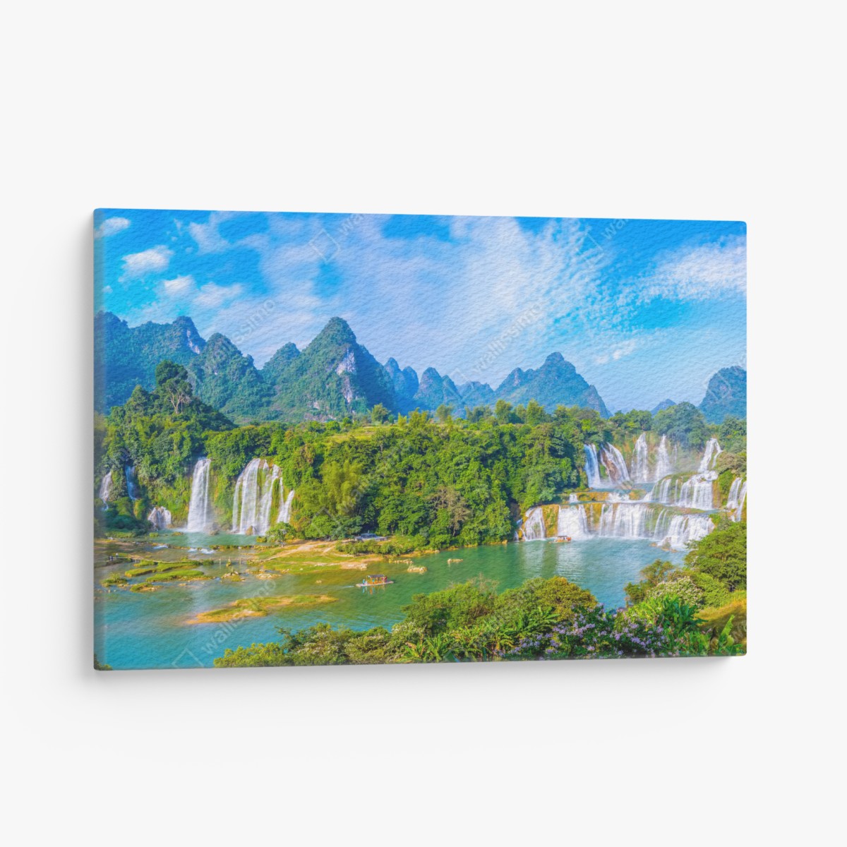 Leinwandbild üppige panoramaansicht eines wasserfalls mit karstbergen – Wallnifity®
