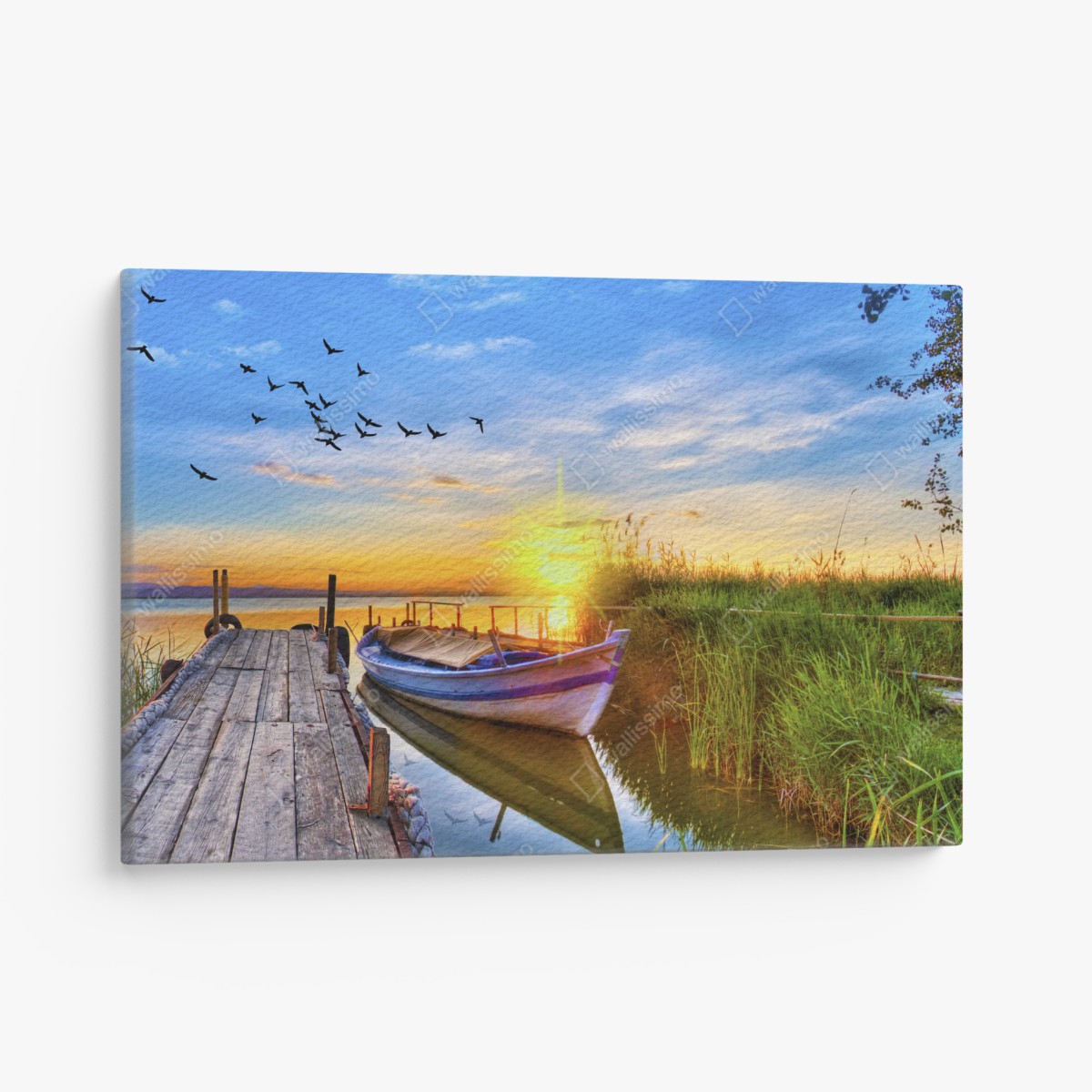 Leinwandbild sonnenuntergang am see mit boot am steg – Wallnifity®